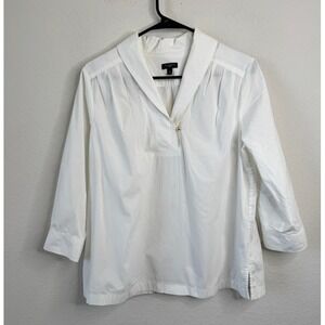 Talbots Women's Popover Blouse 12P White Poplin 3/4 Sleeve Top Minimalist Career